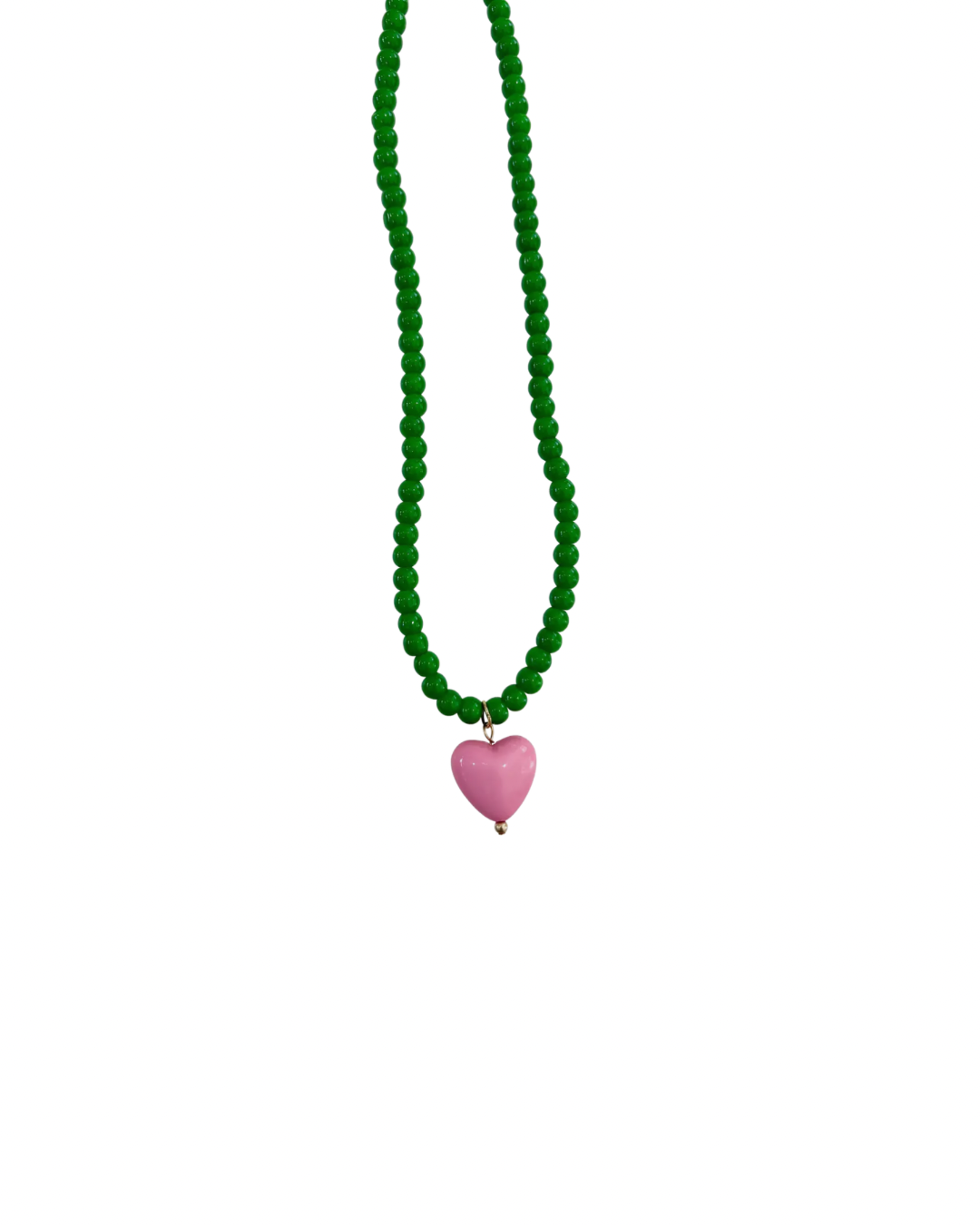 Green Beaded Necklace with Heart Charm