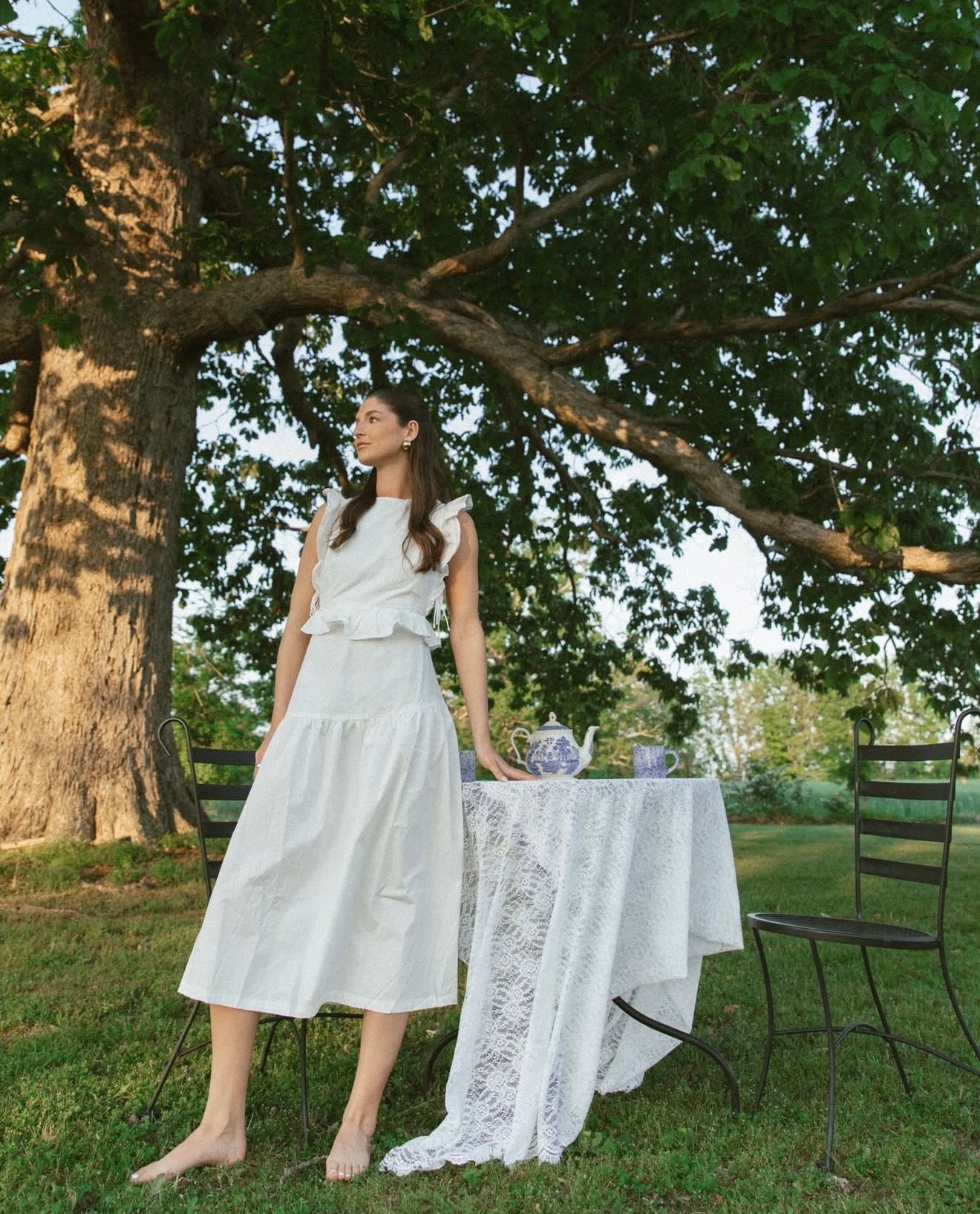 Cotton Ruffled Detail Midi Dress