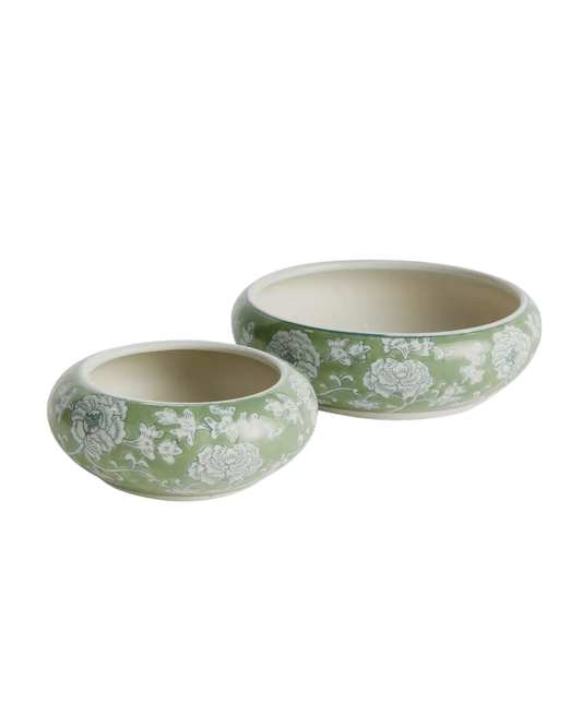 Green&White Ceramic Low Pots- Set of 2