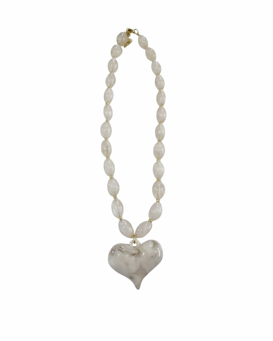 Cream Beaded Necklace with Heart Charm
