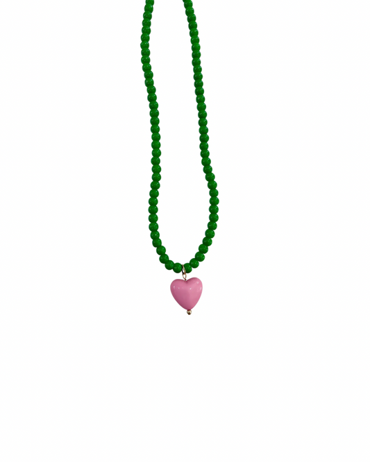 Green Beaded Necklace with Heart Charm